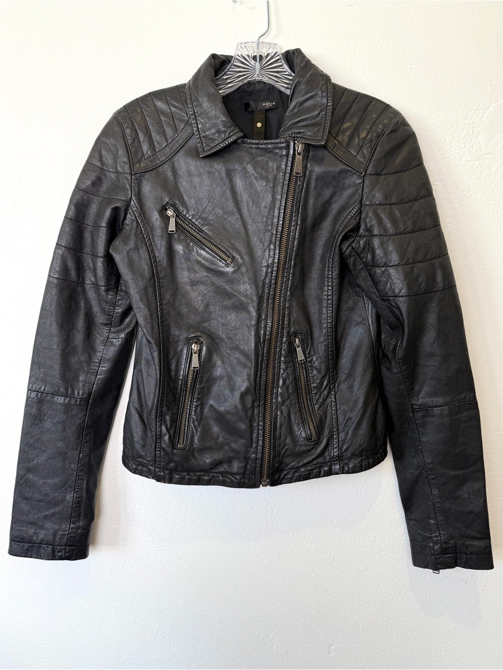 Aqua Luxe Size XS Black Genuine Leather Moto Jacket Quilted Women's